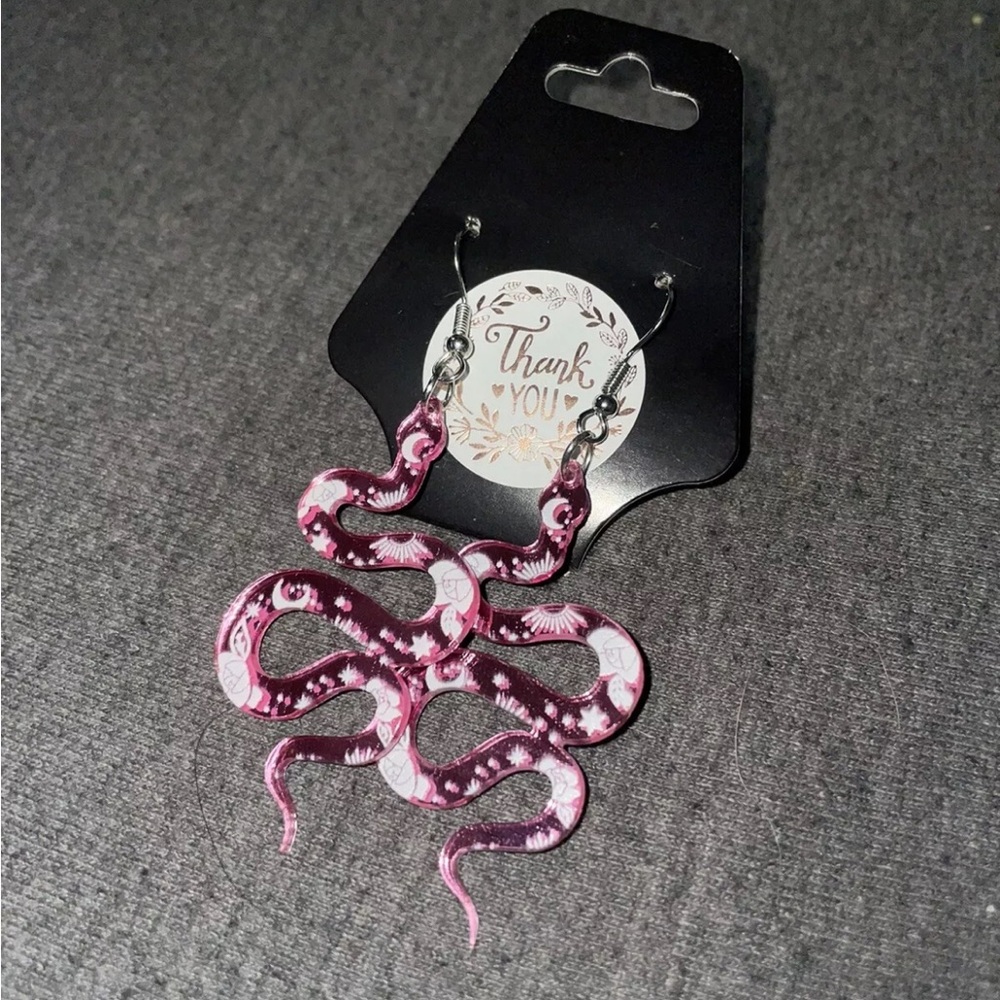 Handmade Shiny Pink botanical Snake Earrings